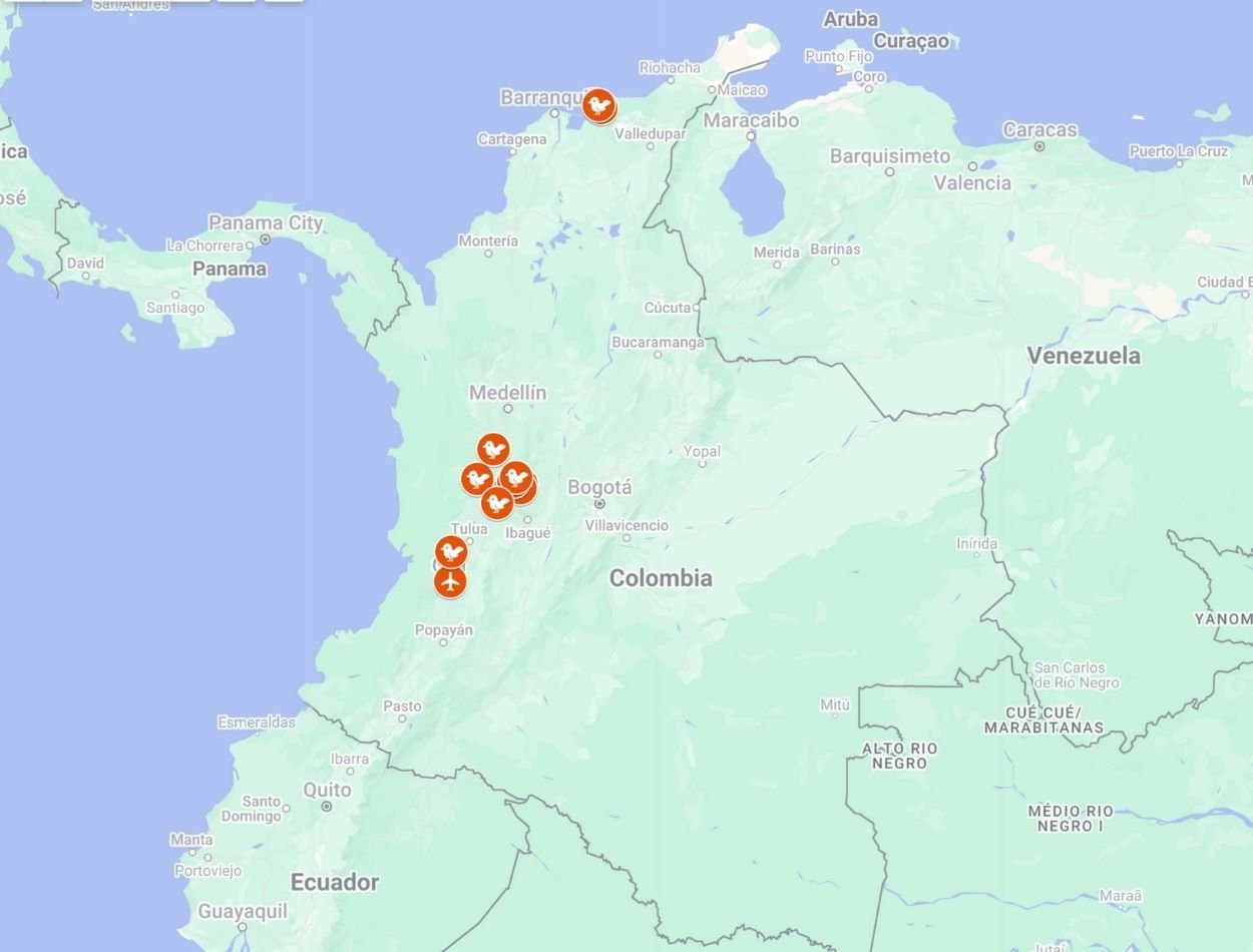 Map of Colombia with birding locations
