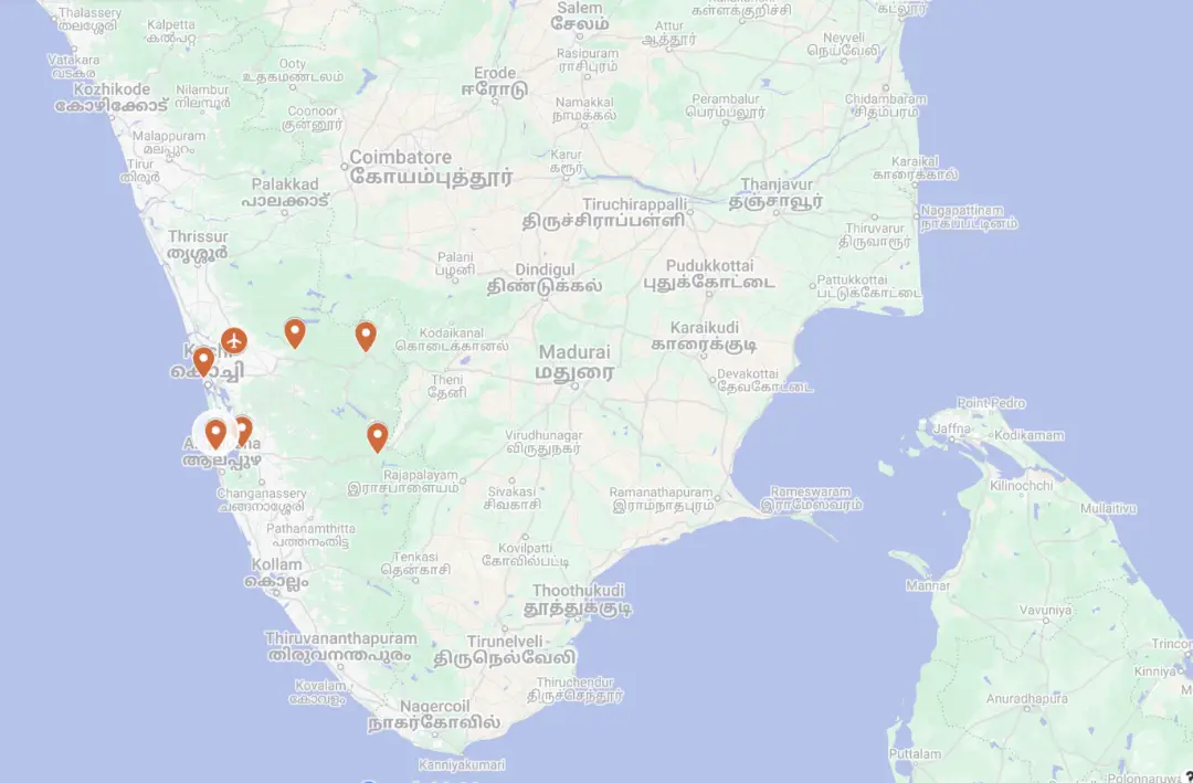 Tour map of south India birding tour